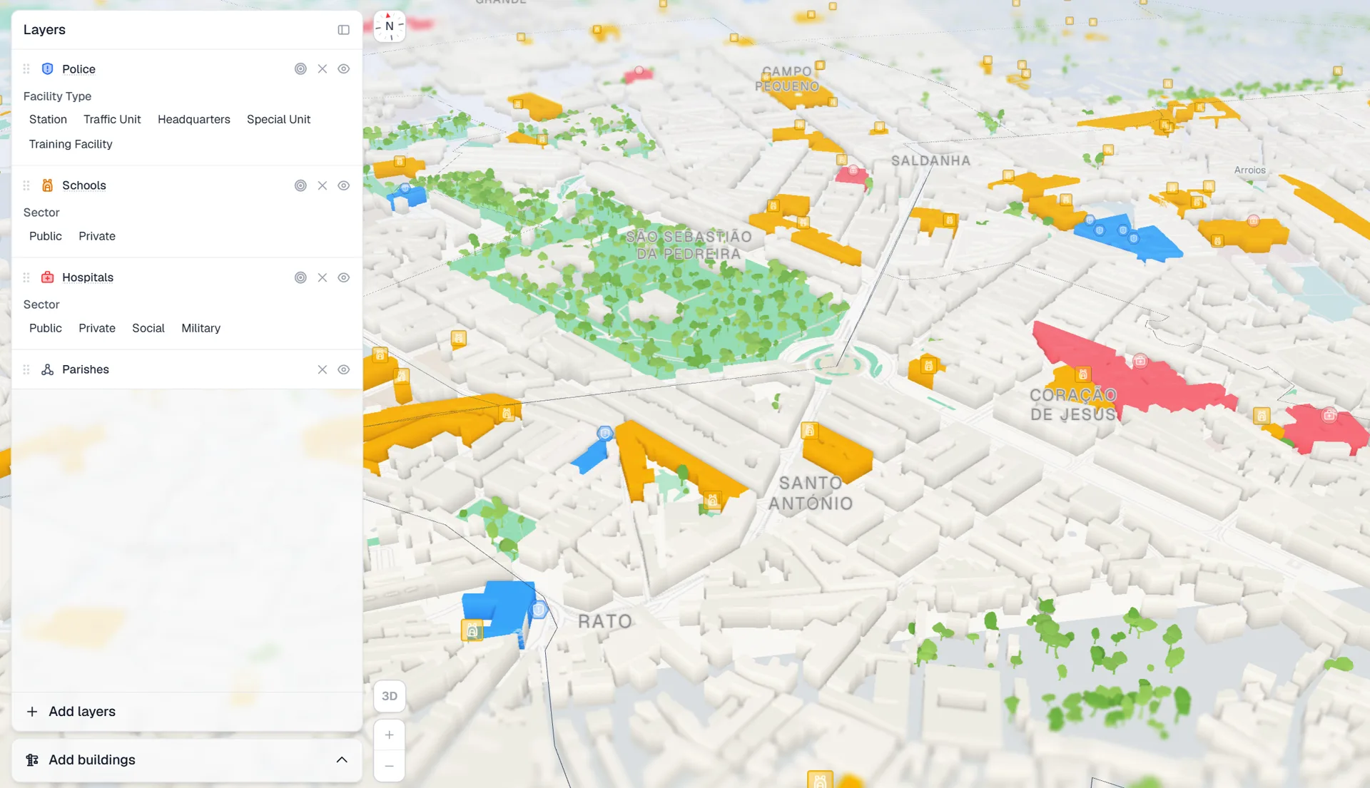 3D map interface showing regional benchmarking data